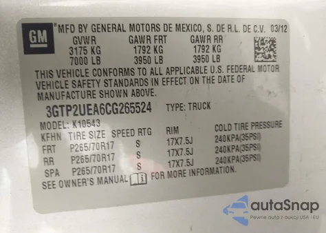 2012 GMC Sierra 1500 Sl z USA, uszkodzony, nr VIN 3GTP2UEA6CG265524